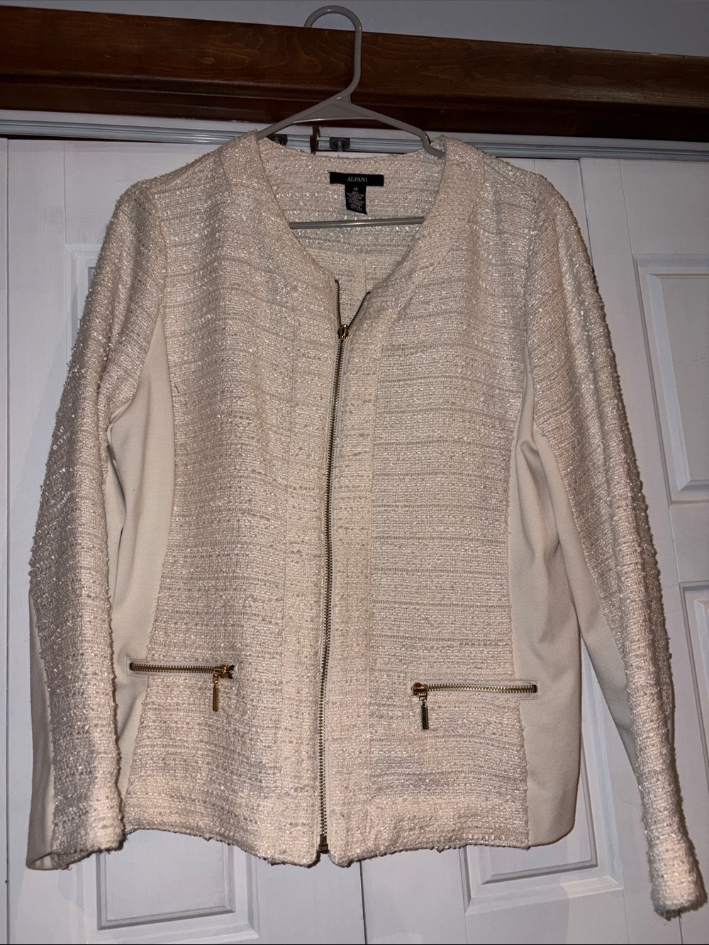Alfani Cream Textured Zip-Front Blazer with Gold Hardware